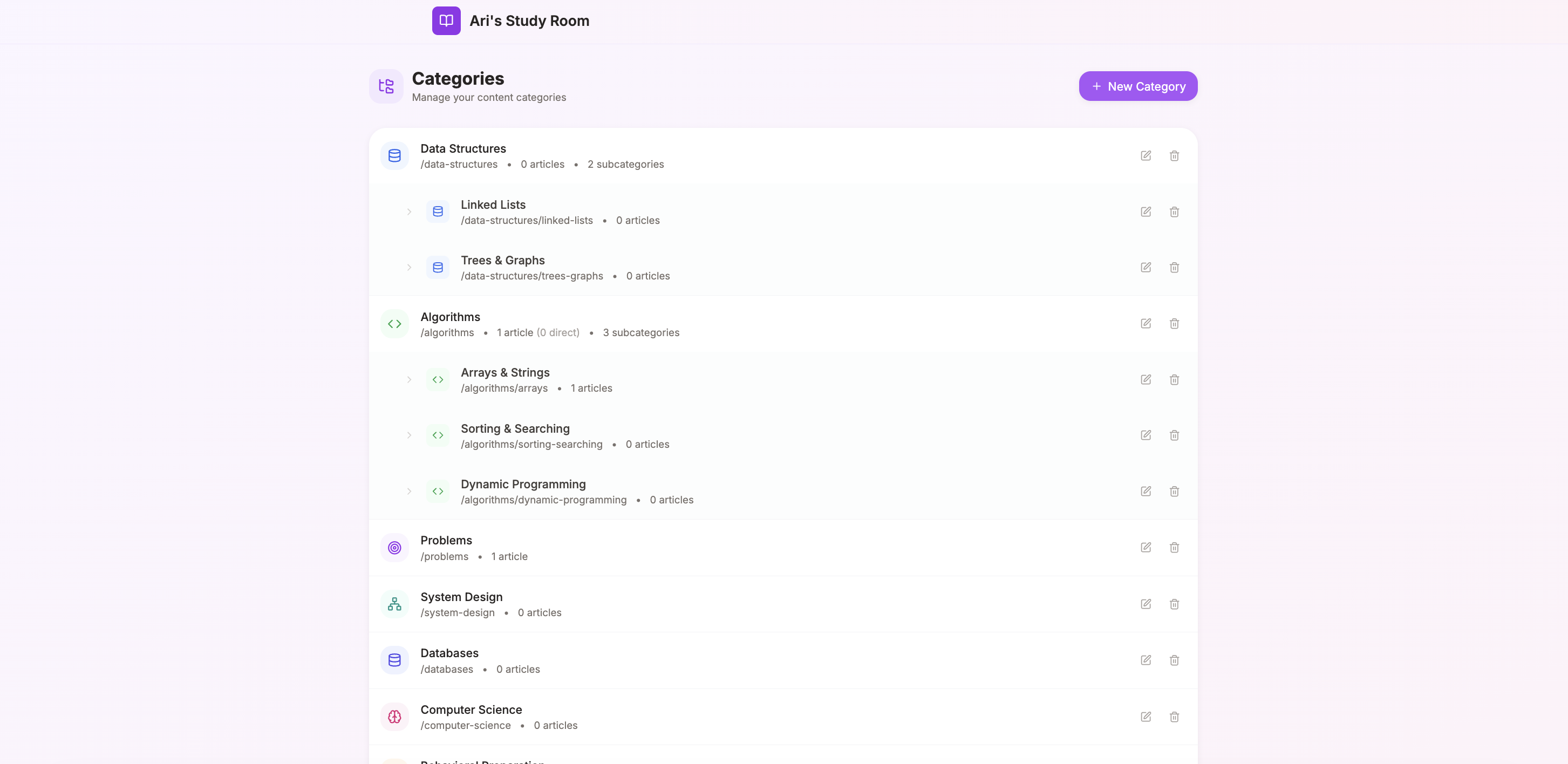 Category management interface with nested hierarchy