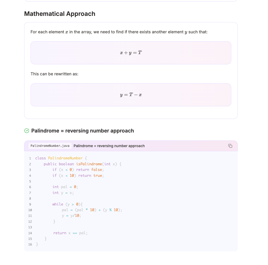 Code blocks with syntax highlighting and KaTeX math rendering